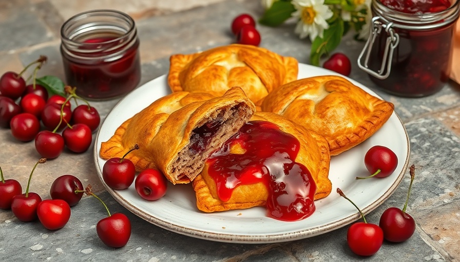 Savory cherry hand pies with chicken on a plate with cherries and compote.