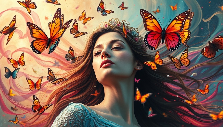 Ethereal woman releasing butterflies symbolizes personal growth through letting go.
