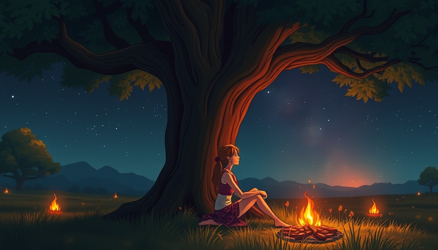 Young woman contemplating revenge under a tree with a distant fire.