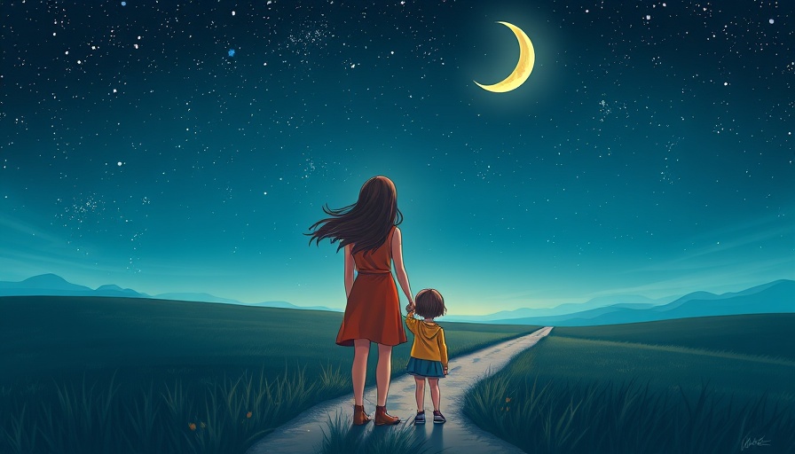 Whimsical scene of a woman and child under a starry sky; self-care for parents.