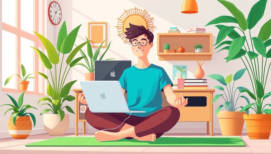 Vibrant cartoon of meditating at desk in bright office.