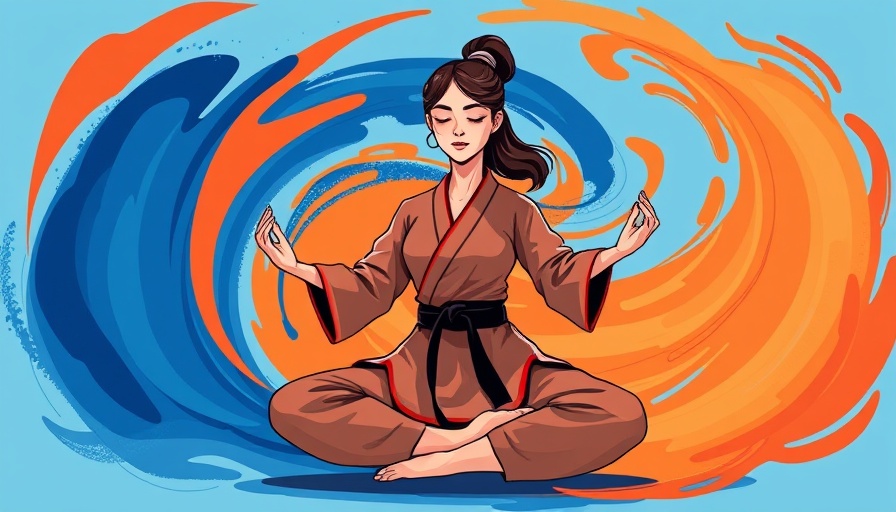 Serene meditation in martial arts gi, vibrant abstract swirls.