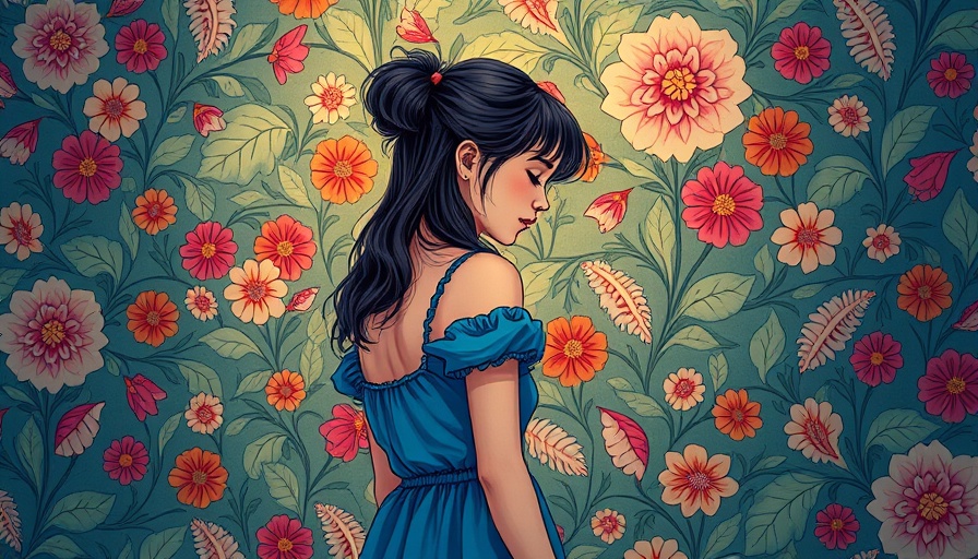 Reflective young woman experiencing relationship loss, floral background.