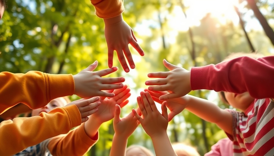 Children's hands joined together outdoors symbolizing unity.