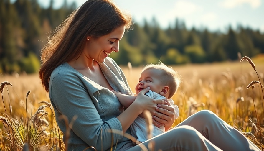 Mother breastfeeding in a sunny meadow, forest in the background.