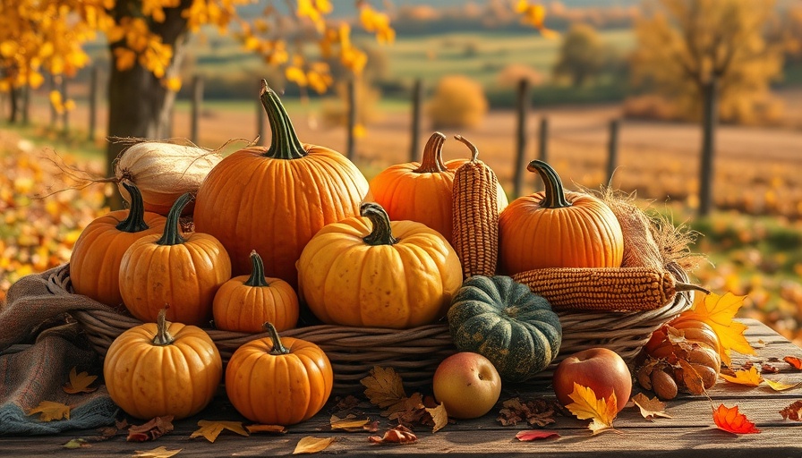 Bountiful autumn harvest table with pumpkins and apples.