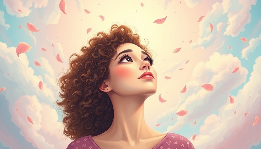 Curious woman surrounded by whimsical clouds and petals.