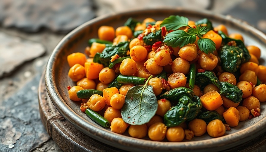 Spicy chickpeas, sweet potato, and spinach sauté on a rustic plate.