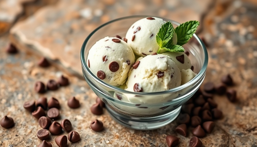 Dairy-free mint chocolate chip ice cream in a bowl with mint leaves.