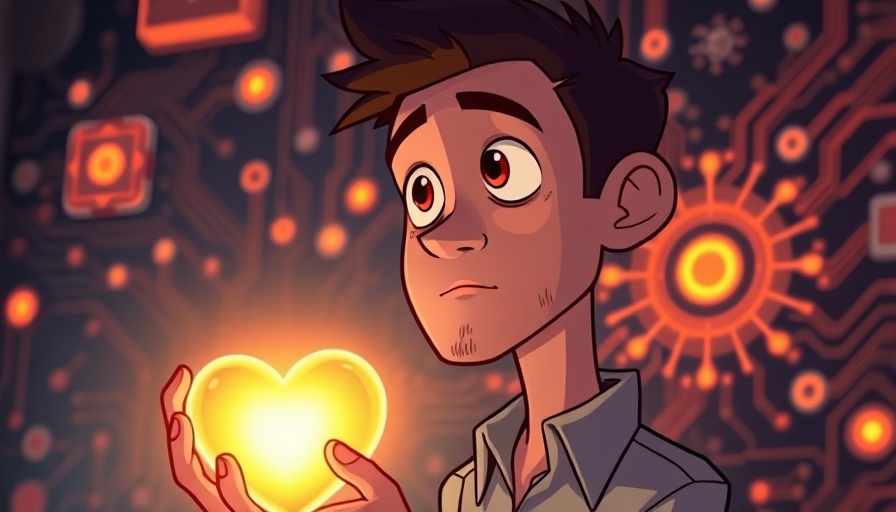 Thoughtful man with glowing heart amidst circuitry, illustrating AI limits.