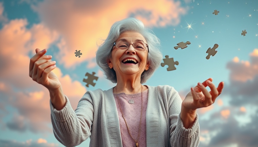 Whimsical older woman embracing freedom amidst puzzle pieces.