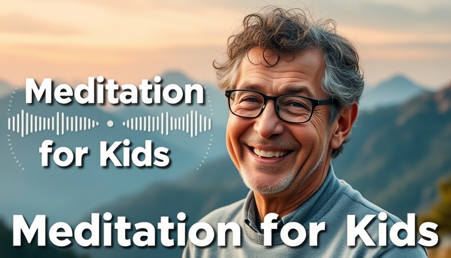 Podcast cover promoting meditation for kids with mountains.