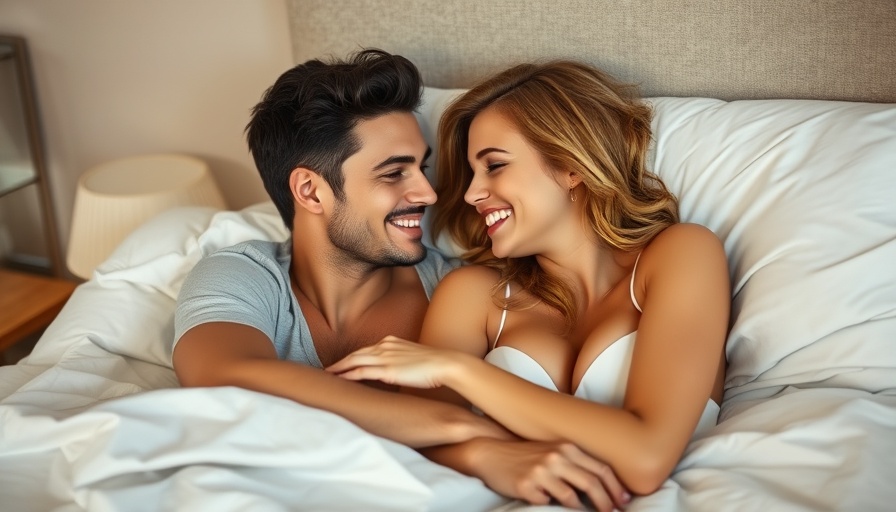 Couple sharing an intimate moment in bed, smiling fondly.