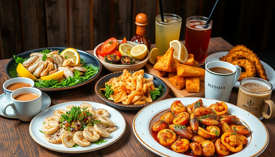 A vibrant selection of new eateries in Atlanta showcasing seafood, salad, and coffee.