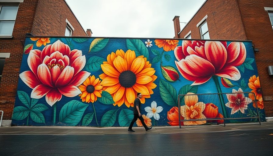 Colorful mural on a building, part of Marietta's Public Art Tour.