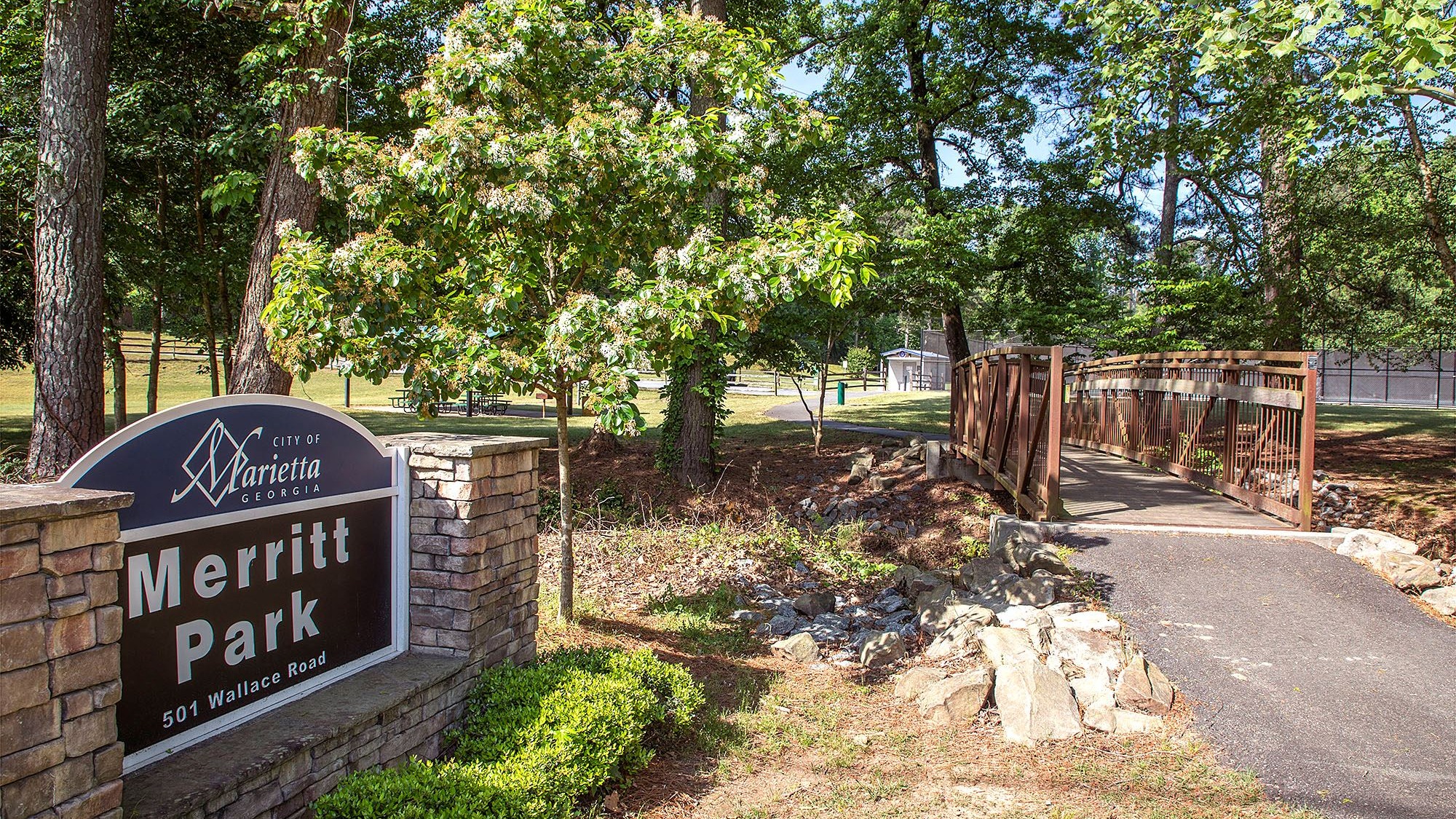 Merritt Park in Marietta GA with walking path and address displayed.