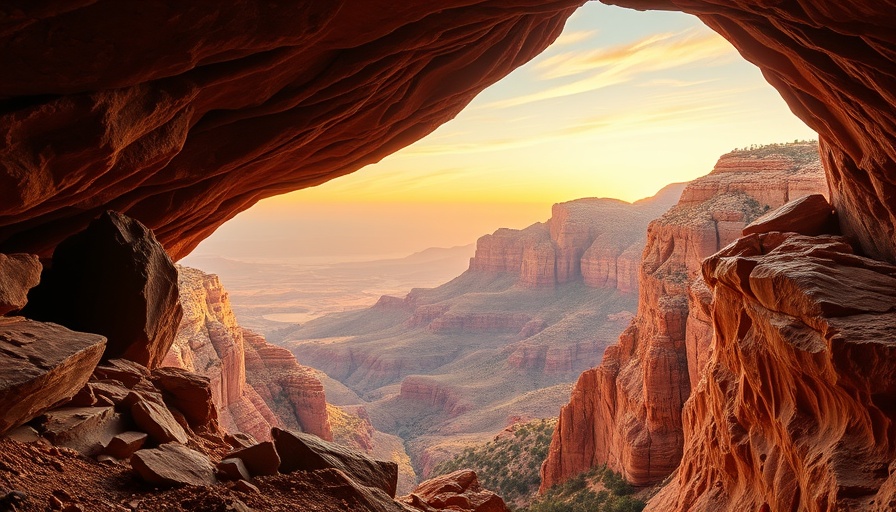 Scout Cave Trail view through red rock cave opening at sunset.