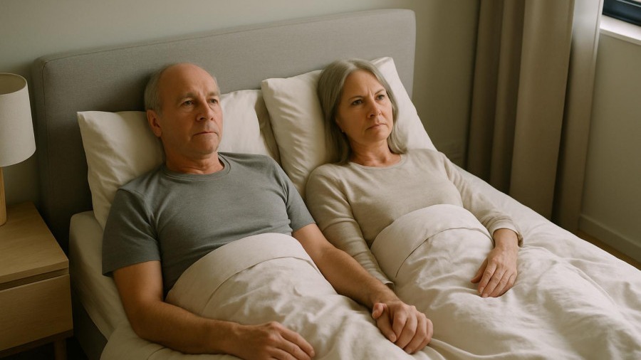 Emotionally distant couple in bed, highlighting menopause intimacy and emotional well-being.