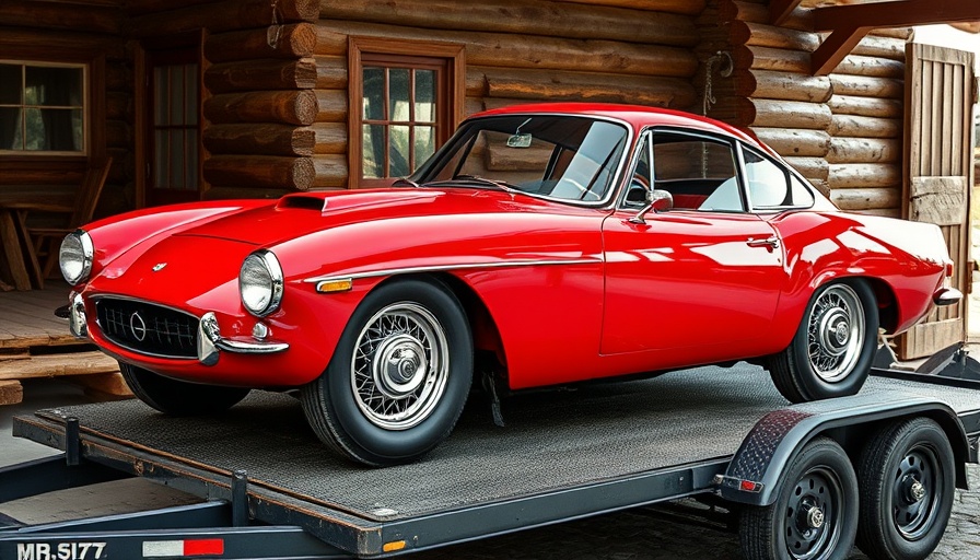 Classic red vintage car on a trailer in rustic setting, potential warning signs.