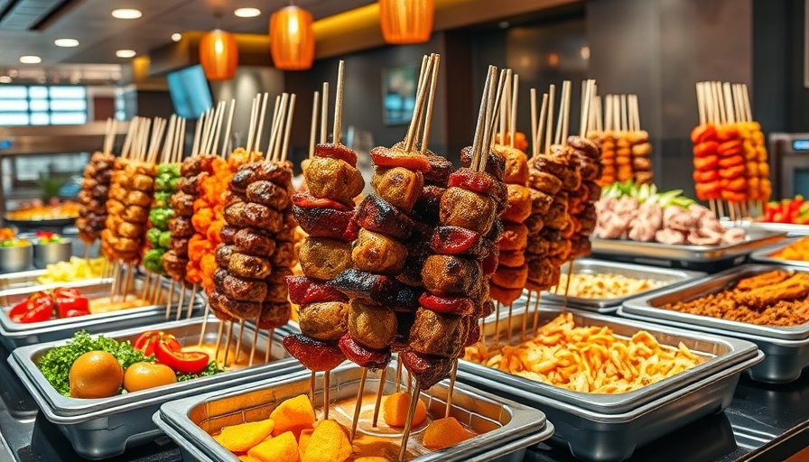 Colorful food display at 24-hour buffet in Qatar, appetizing skewers.