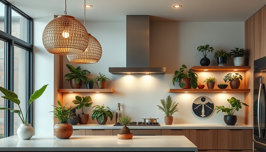 Contemporary kitchen with pendant lights and plants, showcasing design hacks.