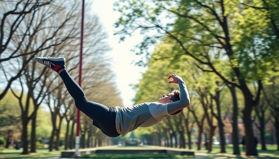 Man doing travel bodyweight workout outdoors with park background.