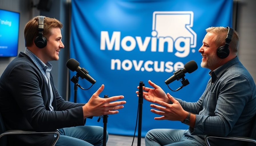 Two men discussing moving tips in a professional podcast setting.