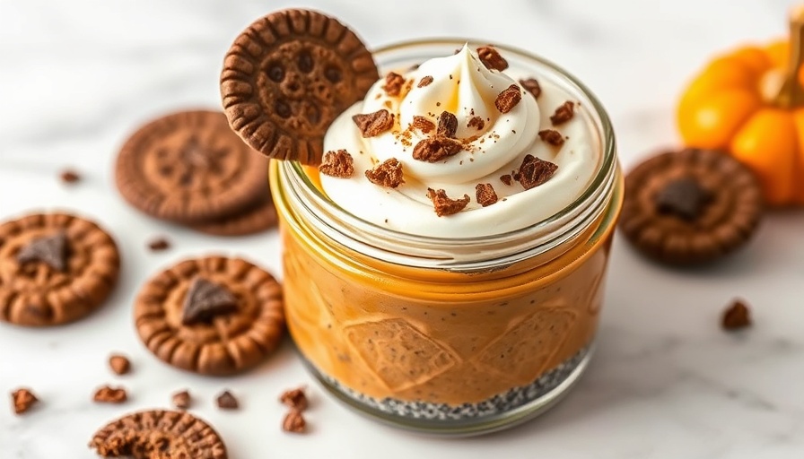 Protein-packed pumpkin chia pudding with whipped cream and cookie topping in a jar.