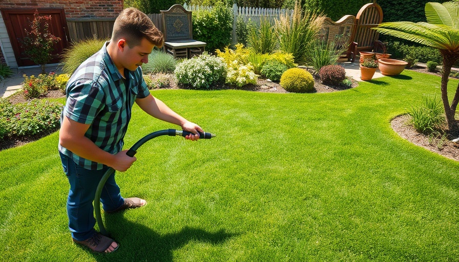 Man fertilizing warm season lawn in fall with hose attachment