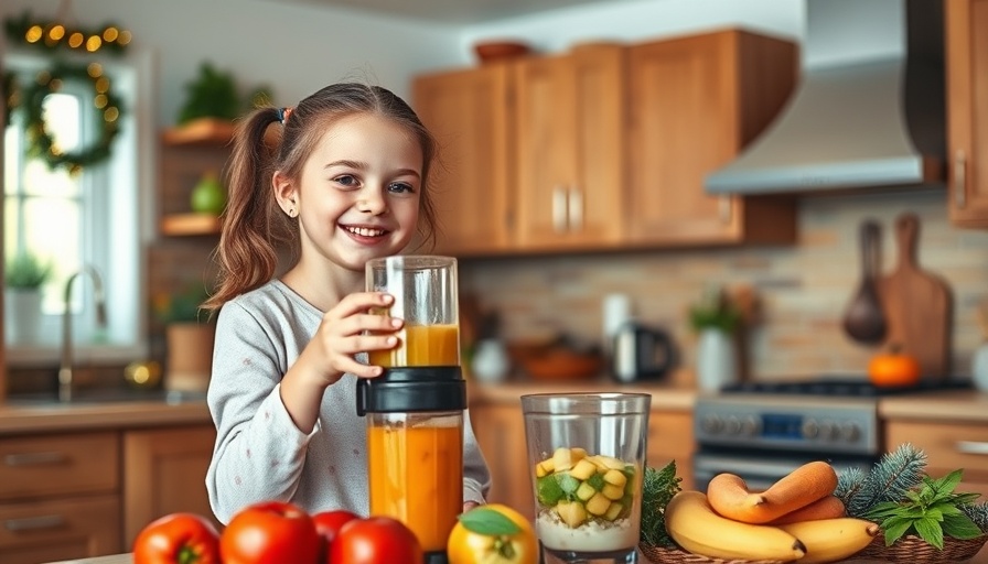 Young girl enjoys seasonal cooking, making juice in a festive kitchen.