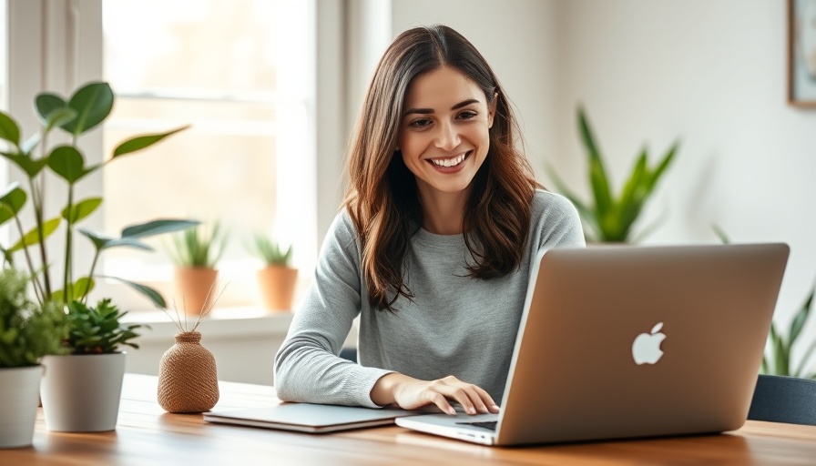 Cheerful woman using laptop, cozy home office, Free Health Coach Toolkit.