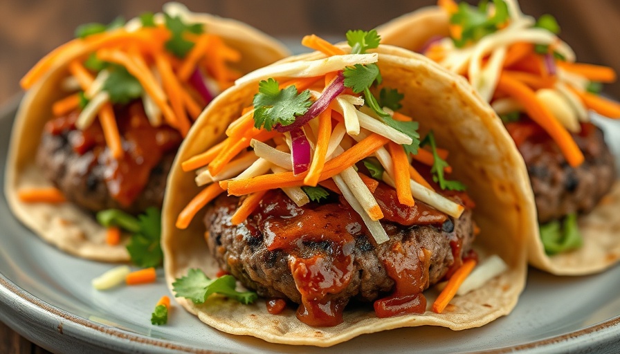 Japanese BBQ Smash Burger Tacos with fresh slaw.