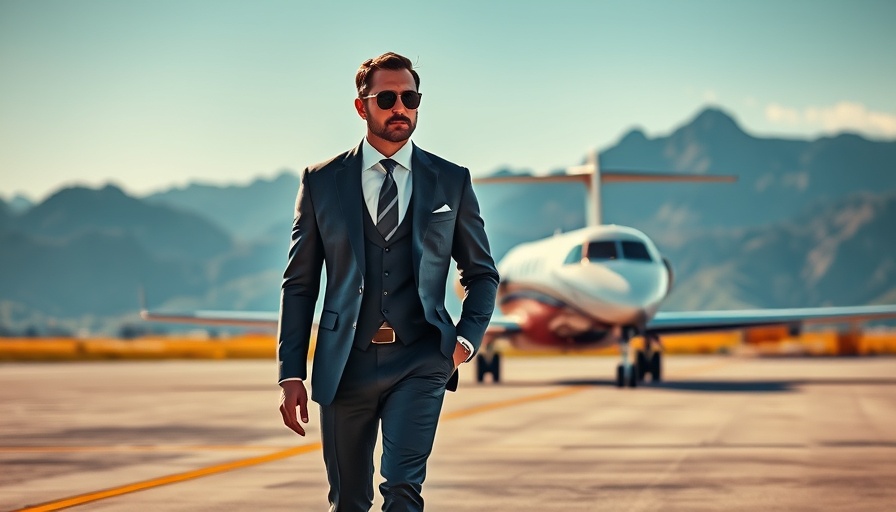 Wealthy man by private jet at airport with mountain backdrop, symbolizing luxury travel.