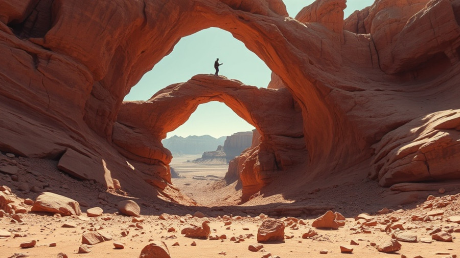 Wadi Rum's Martian-like rocky arch in warm sunlight.