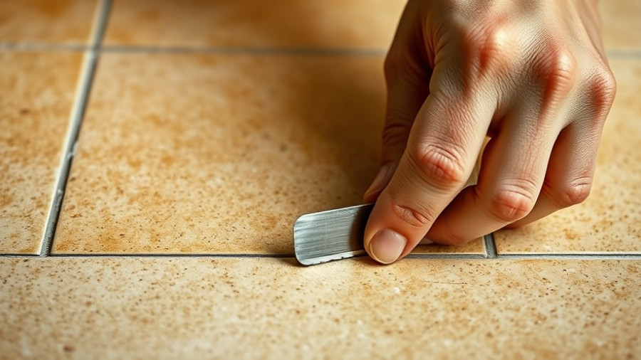 Close-up of hands removing grout from tile with a scraper.