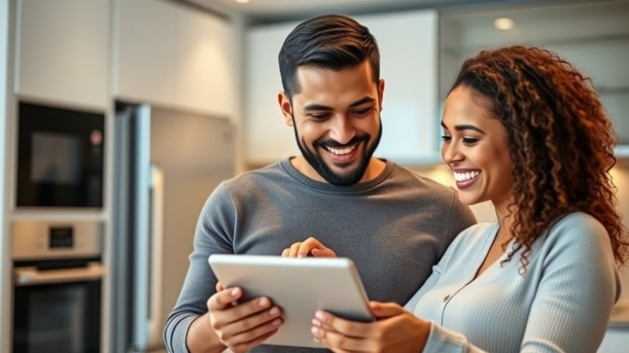 Happy couple discussing taxes on a tablet, kitchen setting.