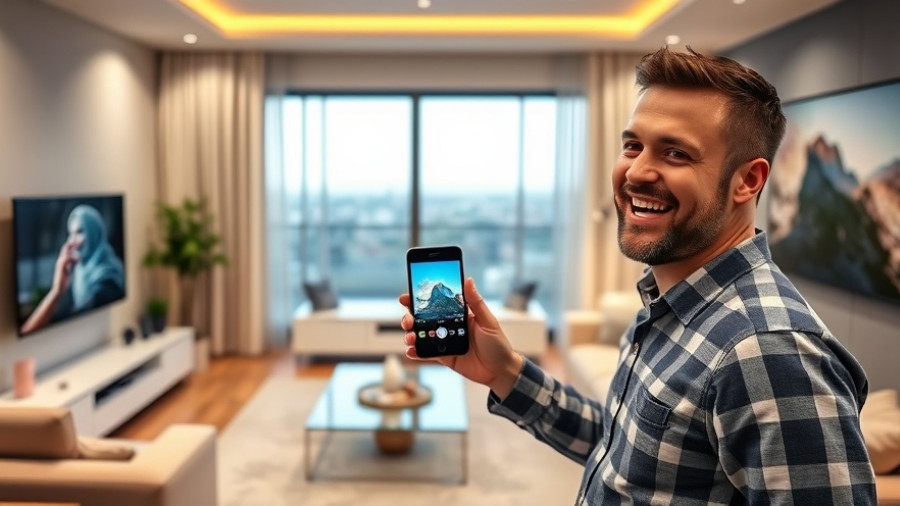Fully automated smart home tour with man holding devices.