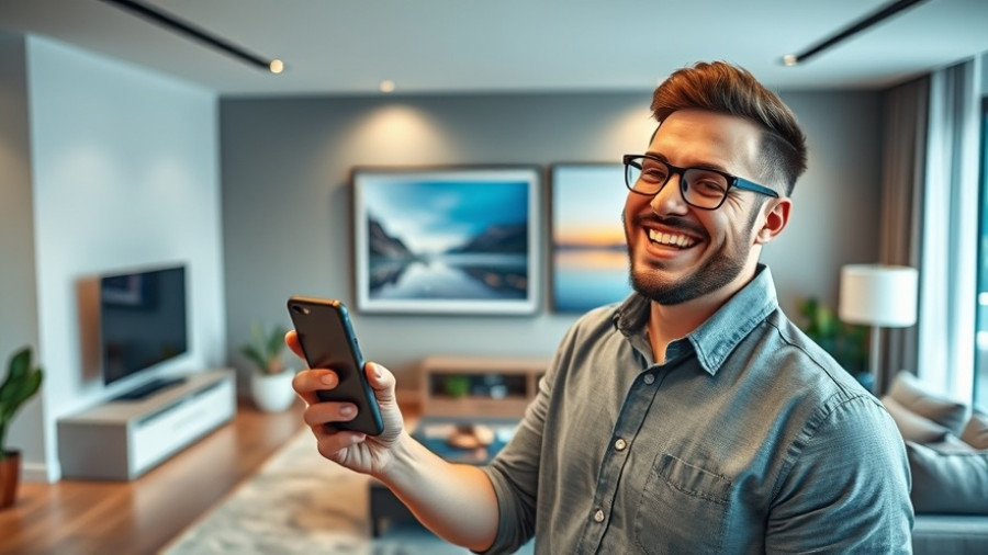 Cheerful man in a modern fully automated smart home with digital art.