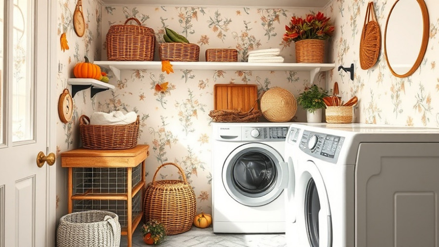 Bright laundry room with fall decorating inspiration using wicker baskets and floral wallpaper.