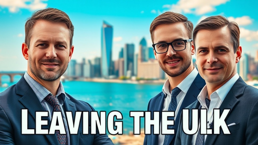 Wealthy individuals leaving the UK concept with urban skyline.