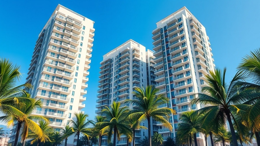 Modern apartment buildings with balconies and palm trees in bright daylight