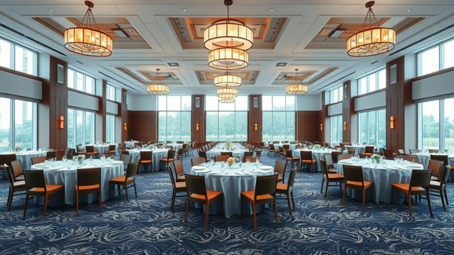Elegant banquet hall during Presidents Week 2025, set with tables.