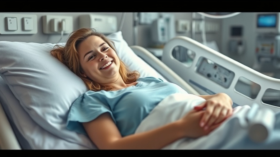 Woman recovering from hip surgery in hospital bed, smiling.