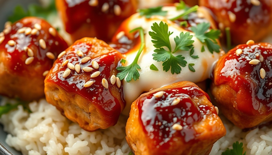 Salmon Meatballs with Sesame Ginger BBQ Sauce on rice.