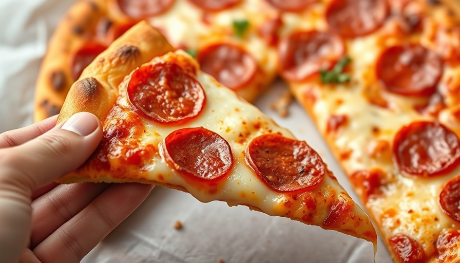 Delicious no-rise protein pizza dough slice being held, with melted cheese and pepperoni.