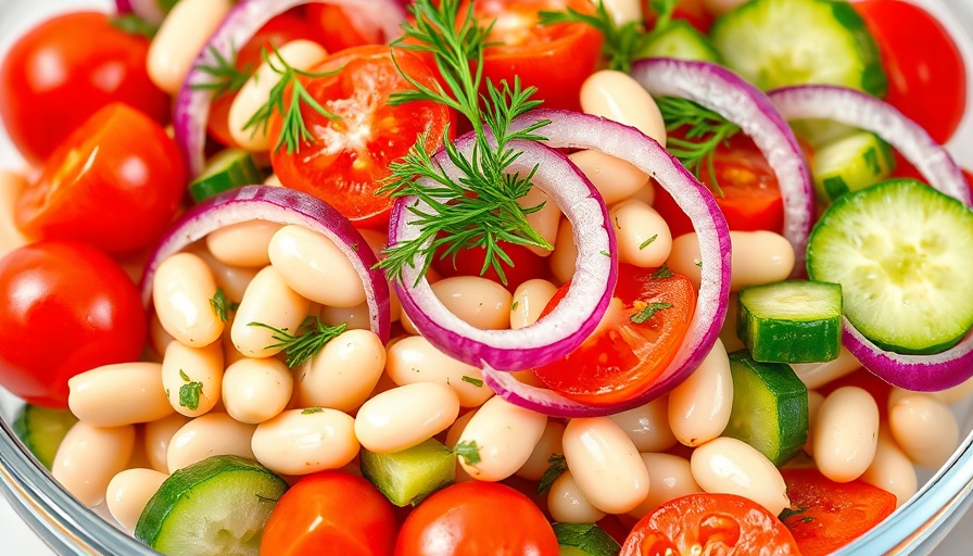 Dill Pickle White Bean Salad with tomatoes and onions in a glass bowl.