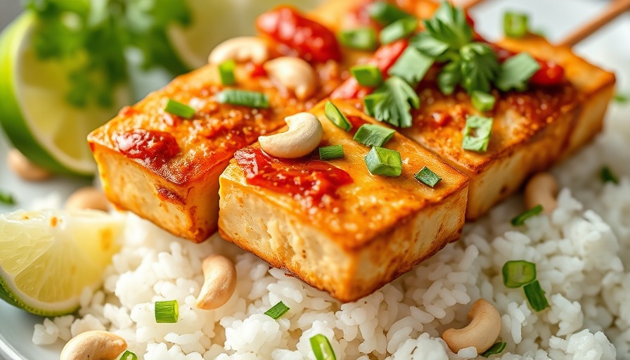 Chili Crisp Cashew Tofu Skewers over rice with lime and herbs.