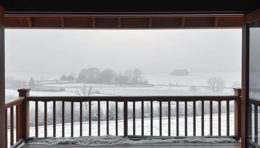 Countryside view with snow, misty morning scene, homeschooling routine inspiration.