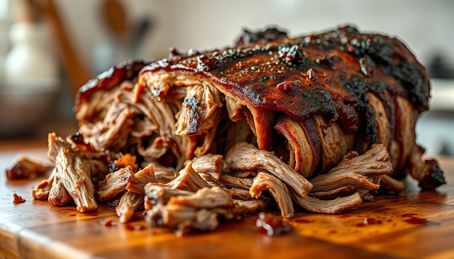 Easy slow cooker BBQ beef brisket on wooden board with fork.