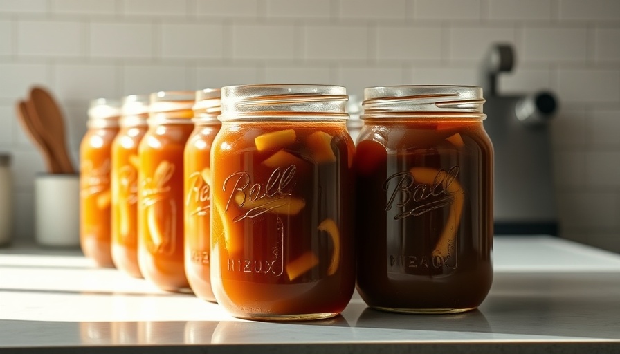Clear roasted beef bone broth in mason jars on a kitchen counter.